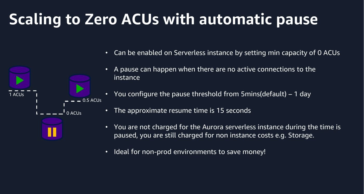 Setting minimum capacity to zero ACUs lets an idle instance pause entirely. Storage is still billed while paused.