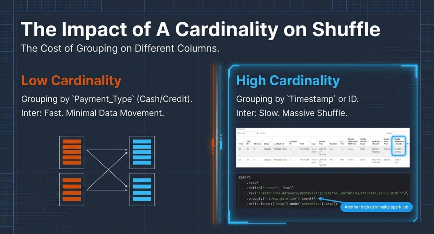Grouping on a low cardinality column moves little data. Grouping on a timestamp or an ID produces a very large shuffle, visible in the shuffle write column of the task list.