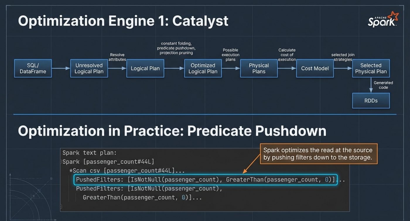Catalyst takes SQL or a DataFrame through an unresolved logical plan, a resolved and optimised logical plan, candidate physical plans and a cost model, before generating code. Below, predicate pushdown in a real plan.