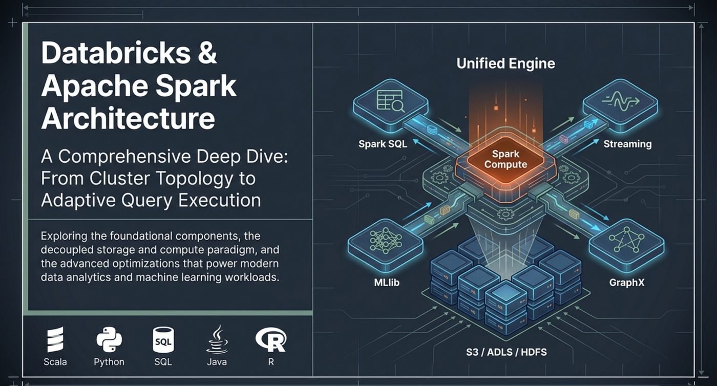 The unified engine: one compute core serving Spark SQL, Structured Streaming, MLlib and GraphX, with storage decoupled underneath on S3, ADLS or HDFS.
