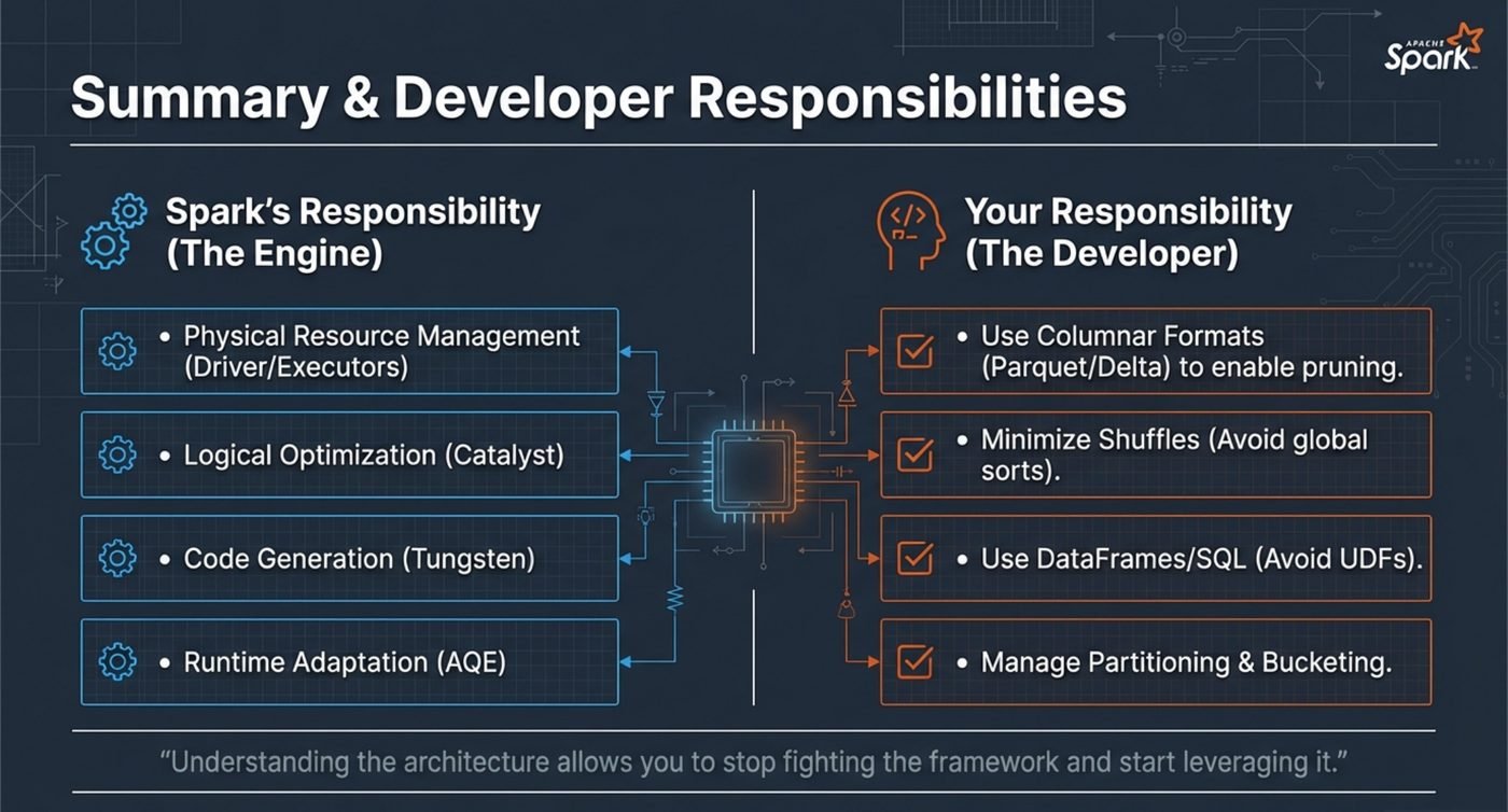 Spark owns resource management, logical optimisation, code generation and runtime adaptation. The developer owns file formats, shuffle count, API choice and partitioning.