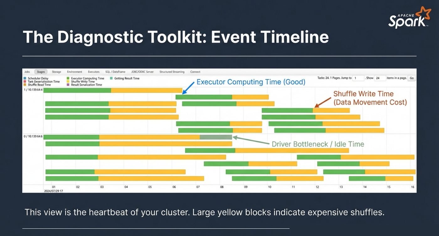 The stage event timeline. Green is executor computing time, yellow is shuffle read and write time, and gaps are idle time waiting on the driver.