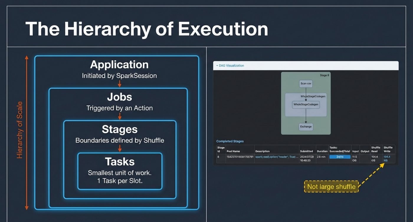 Application, then jobs, then stages, then tasks. Stage boundaries are defined by shuffles, and there is one task per slot. On the right, the Spark UI showing a stage with a modest shuffle write.