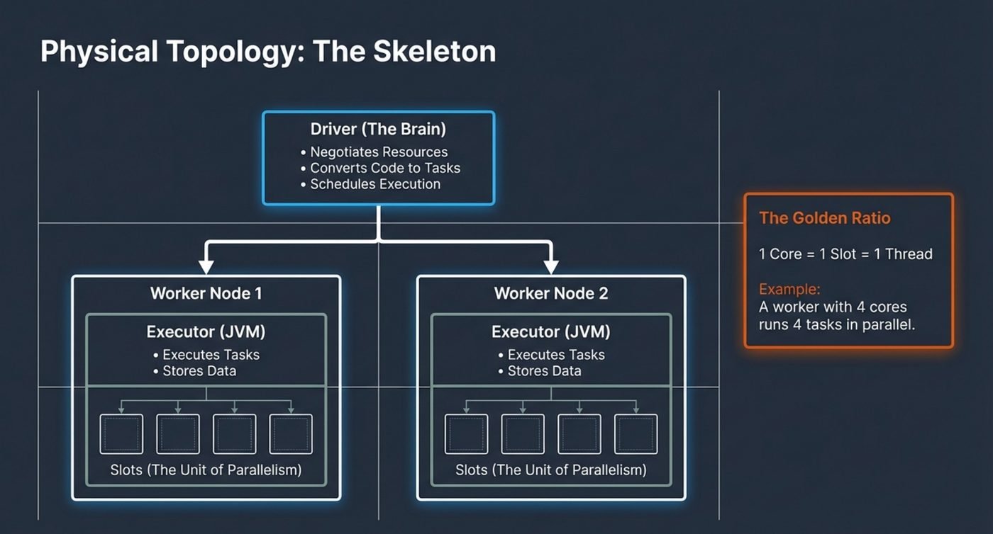The driver negotiates resources, converts code into tasks and schedules them. Each worker runs an executor JVM, and each executor is divided into slots. One core is one slot is one thread.