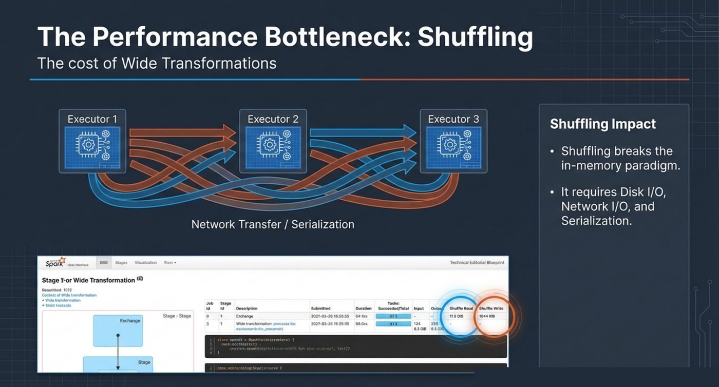 A shuffle redistributes data across executors. It breaks the in-memory model and requires disk I/O, network I/O and serialisation.