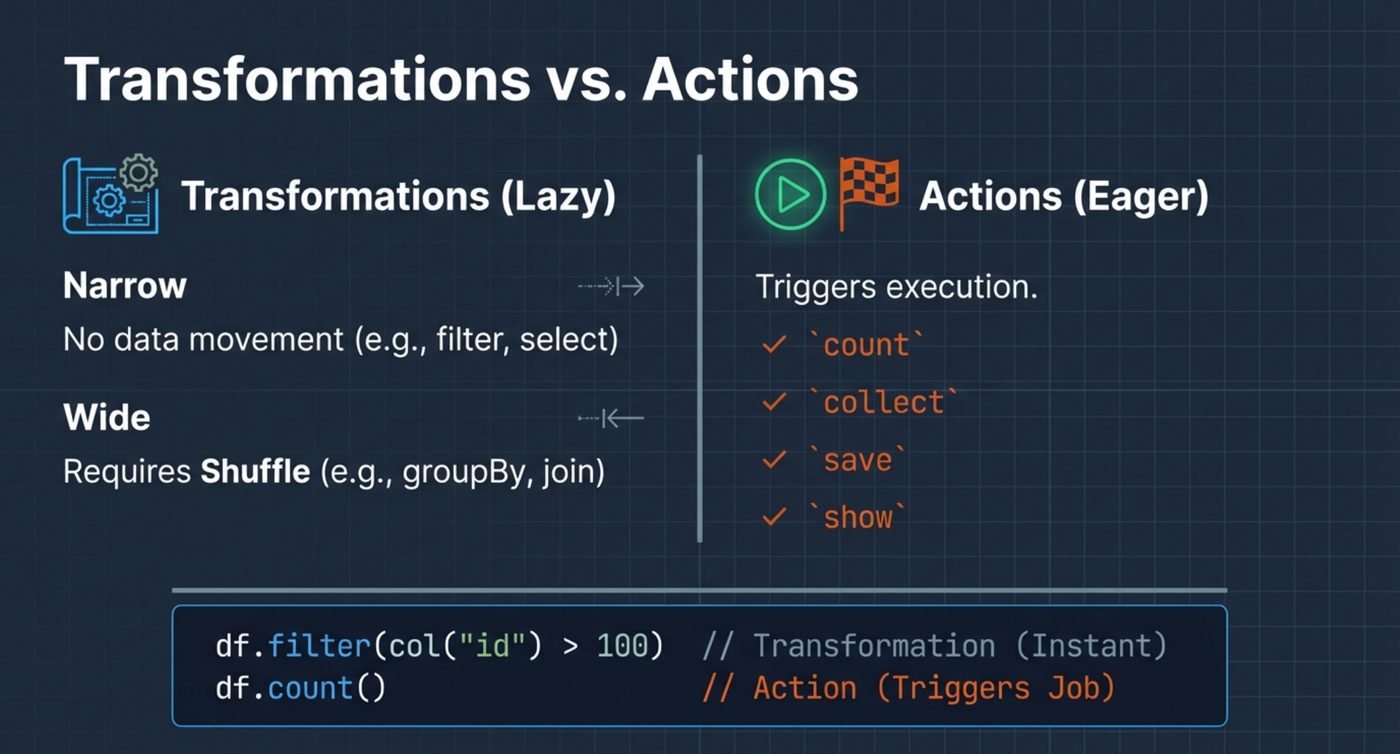 Transformations are lazy and split into narrow, which move no data, and wide, which require a shuffle. Actions are eager and trigger a job.