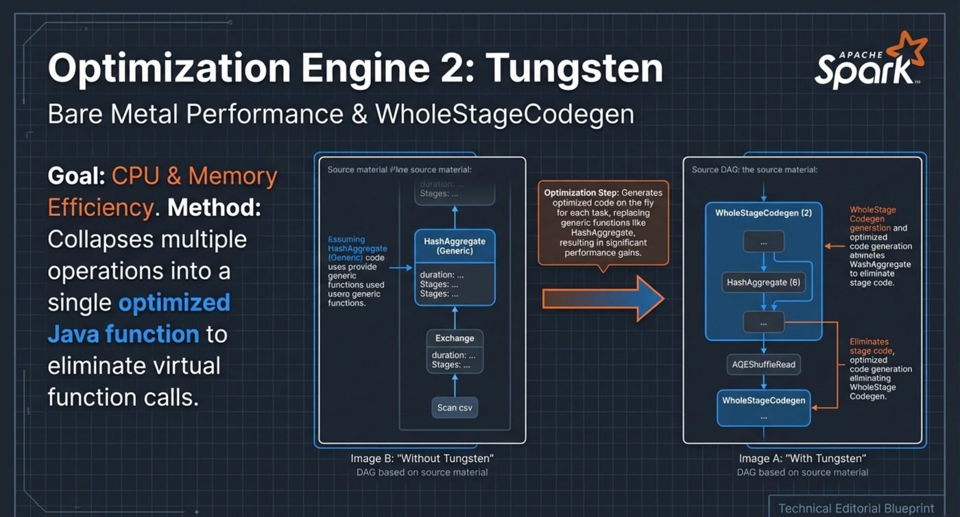 Tungsten collapses a chain of operators into a single generated Java function, replacing generic operators like HashAggregate and eliminating virtual function calls between them.